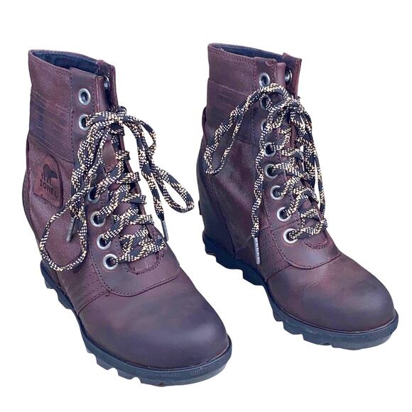 Sorel Women’s Lexie Maroon Leather Lace Up Wedge Ankle Boot Size 6 - Picture 2 of 9